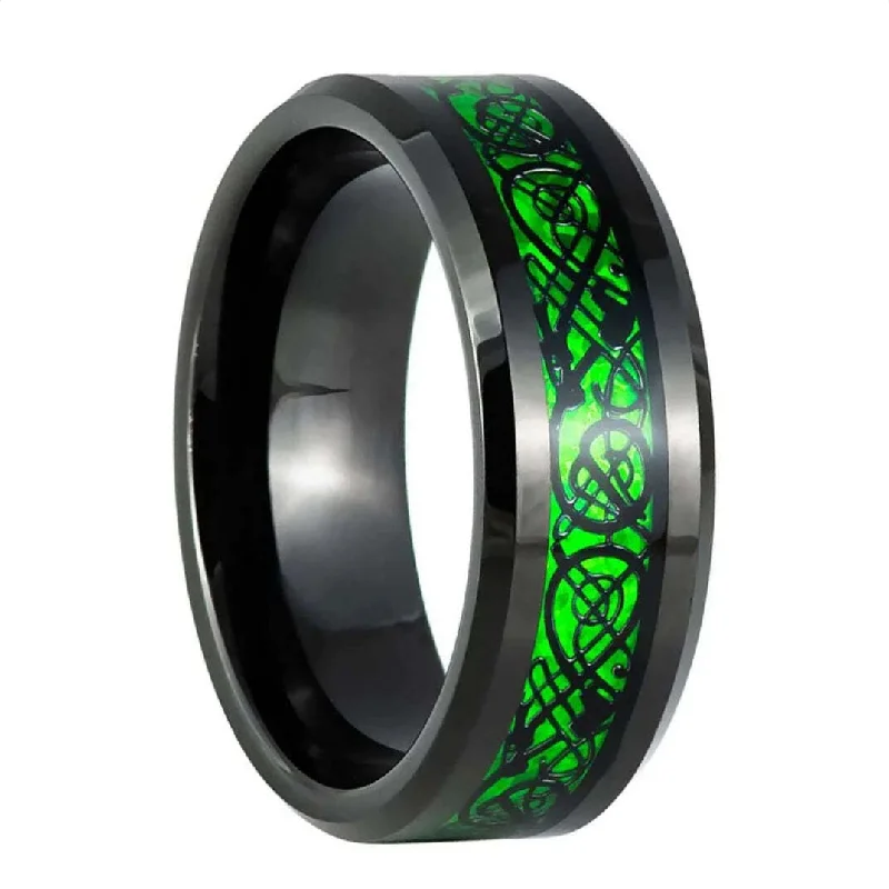 Unique rings with emerald stones for women-Green Celtic Dragon Knot Inlay Black Tungsten Men's Wedding Band