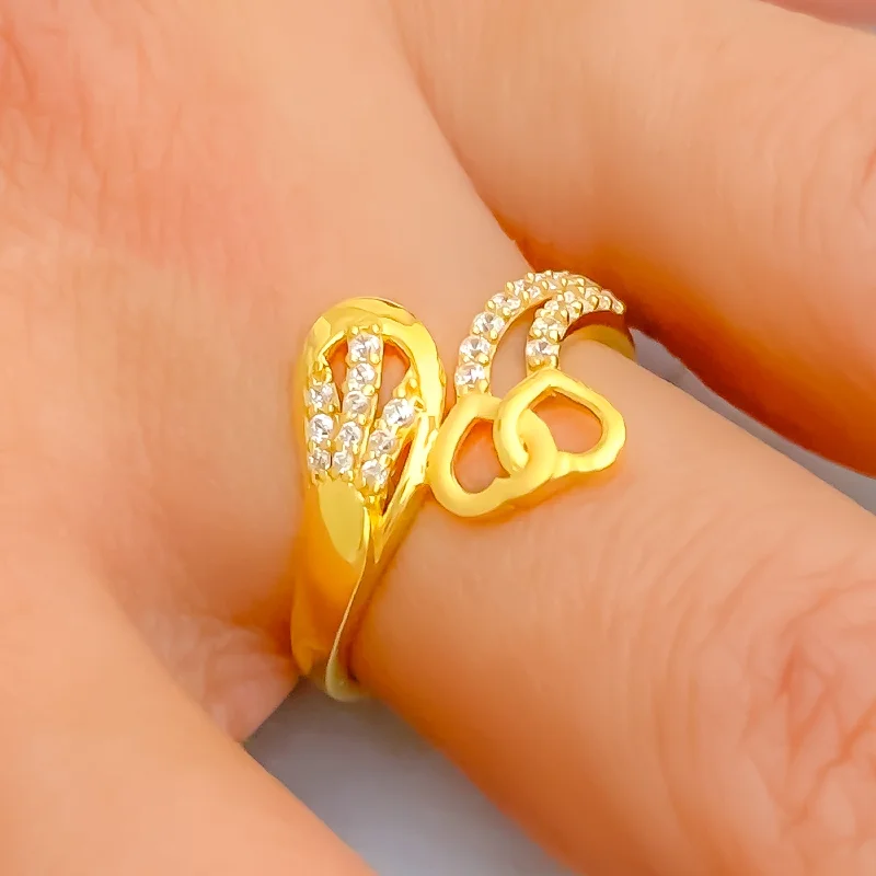 Colorful gemstone rings for women-Opulent Overlapping Twin Heart 22k Gold CZ Ring