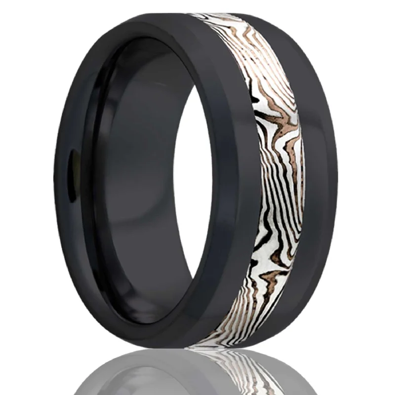 Unique engagement rings for women-Sterling Silver & Shakudo Mokume Gane Inlay Zirconium Wedding Band with Beveled Edges