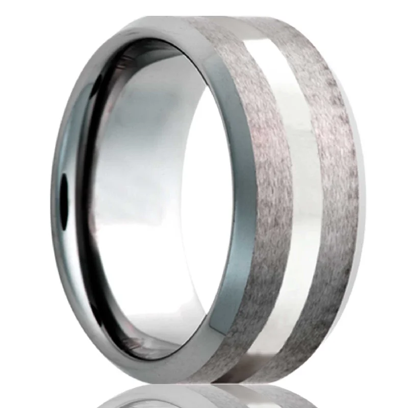 Custom rings with your birthstone-Platinum Inlay Satin Tungsten Wedding Band with Beveled Edges