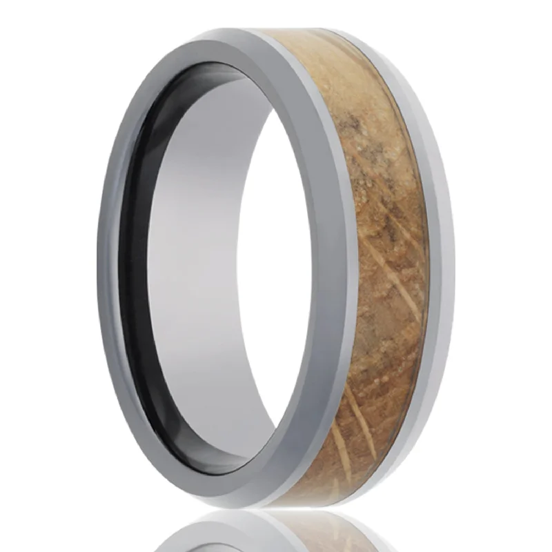 Women’s fashion rings with floral accents-Whiskey Barrel Wood Inlay Tungsten Wedding Band with Beveled Edges