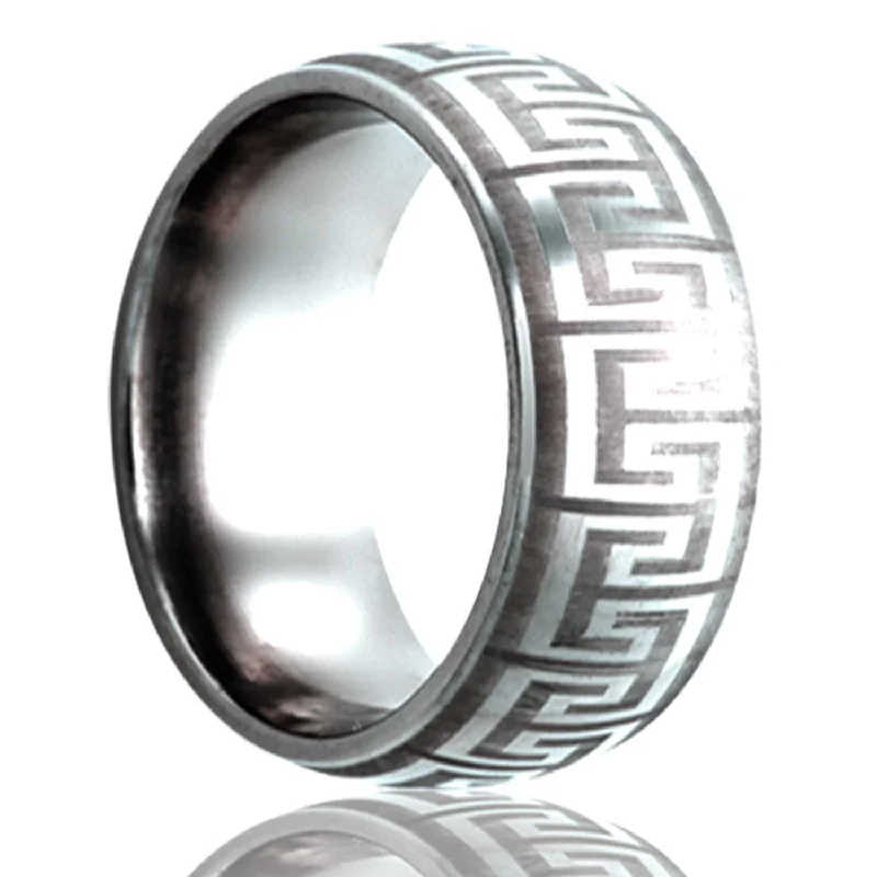 Unique engagement rings for women-Greek Key Domed Engraved Titanium Wedding Band