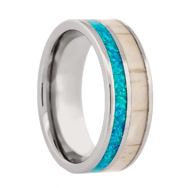 Personalized rings for women with diamonds-Asymmetrical Deer Antler & Blue Opal Men's Cobalt Wedding Band