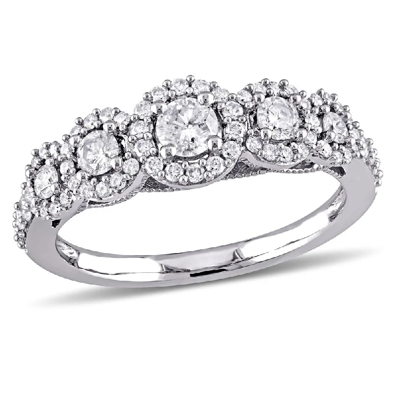 White gold engagement rings with diamonds-Miadora 10k White Gold 3/4ct TDW Diamond 5-Stone Halo Engagement Ring