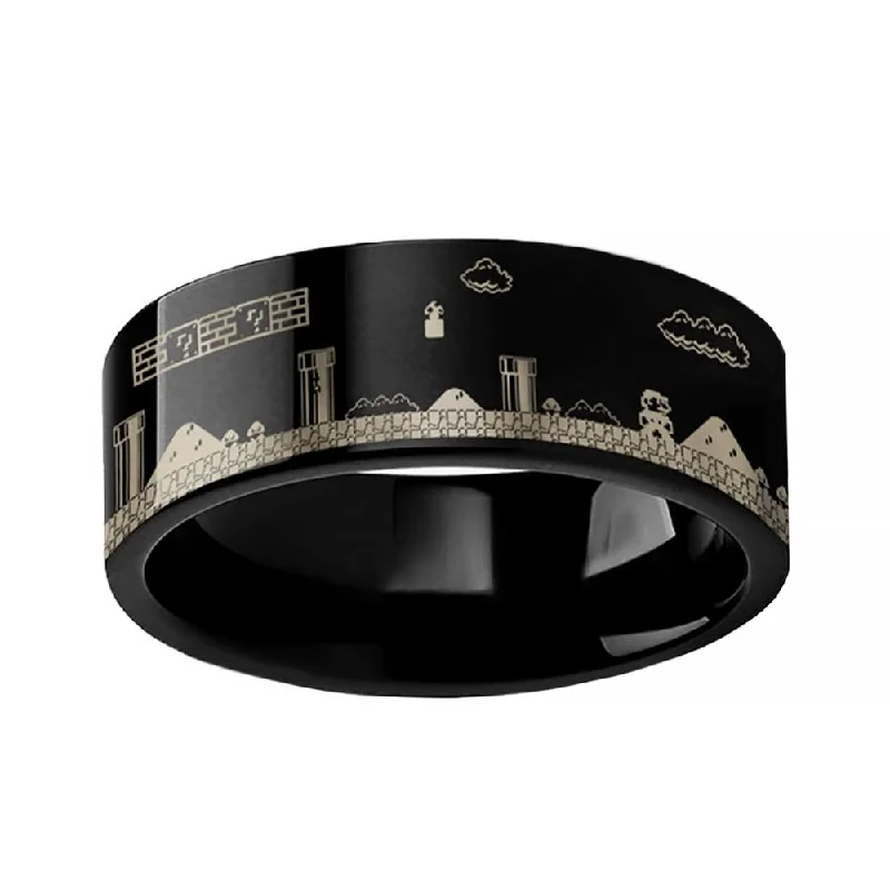 Beautiful rings for women with ruby accents-Super Mario Bros Black Tungsten Wedding Band