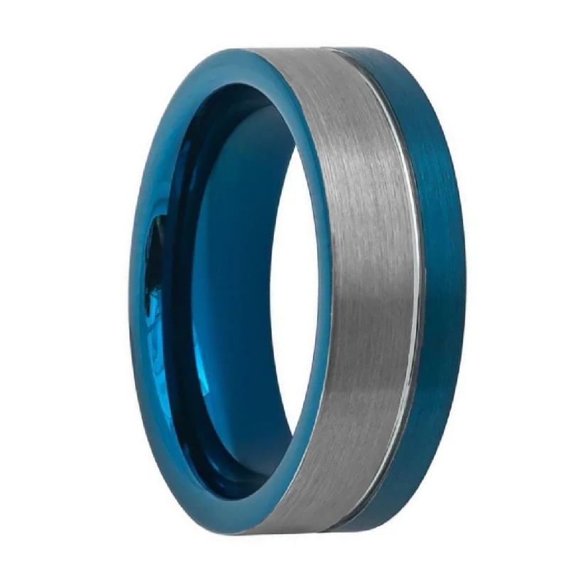 Women’s rings with crystal designs-Brushed Blue Grooved Tungsten Men's Wedding Band