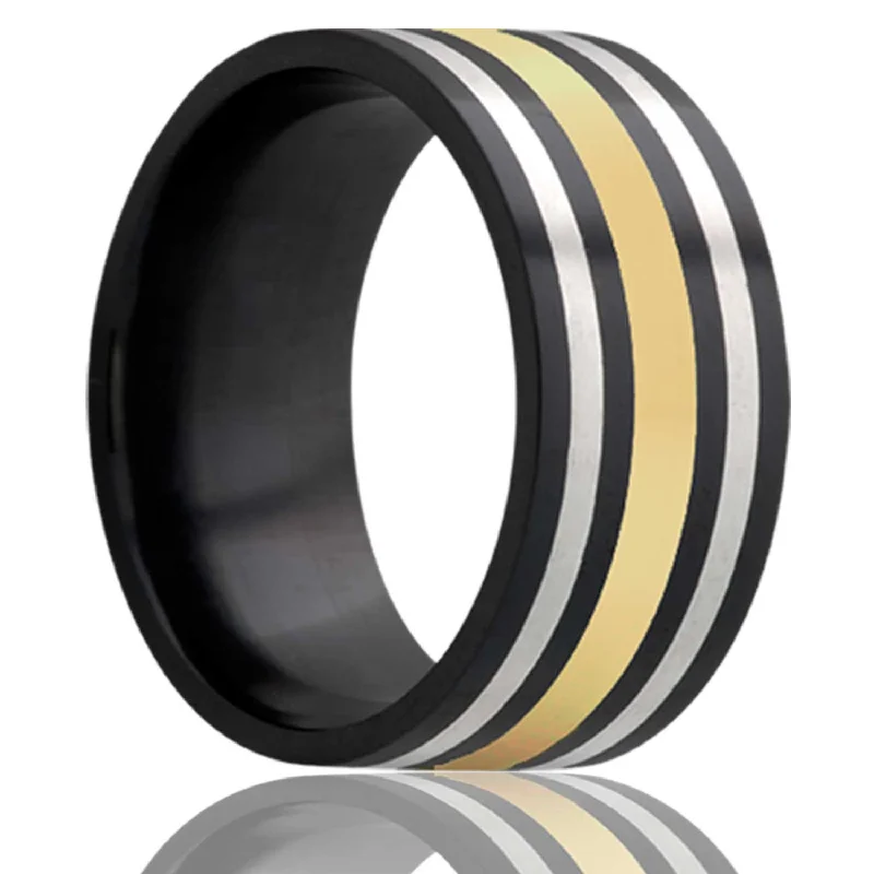 Elegant gold rings for women-14k Yellow Gold & Argentium Silver Inlay Zirconium Wedding Band