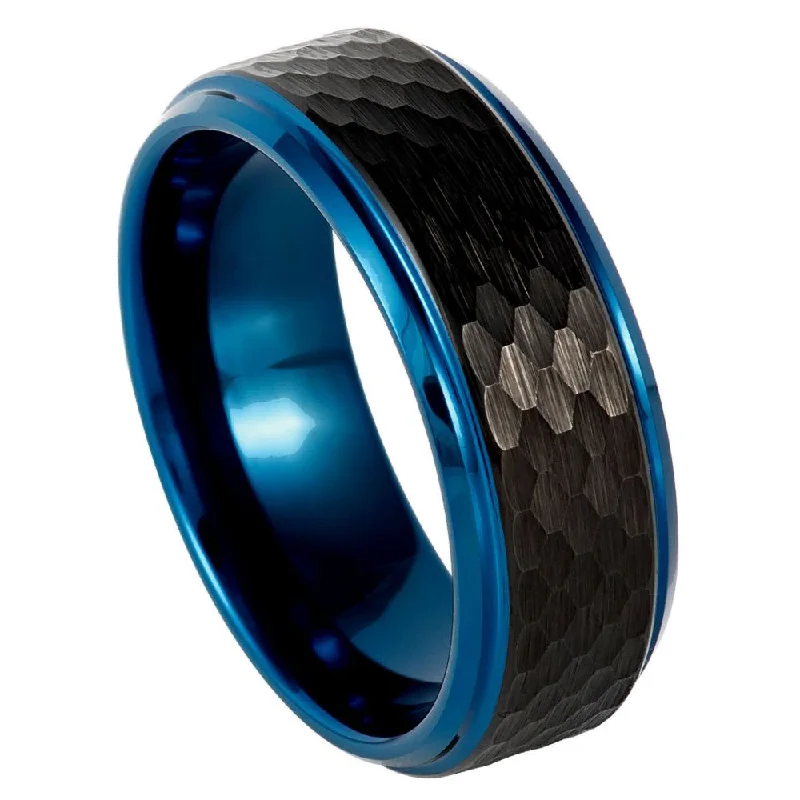 Unique cocktail rings for women-Hammered Black Tungsten Men's Wedding Band with Blue Edges