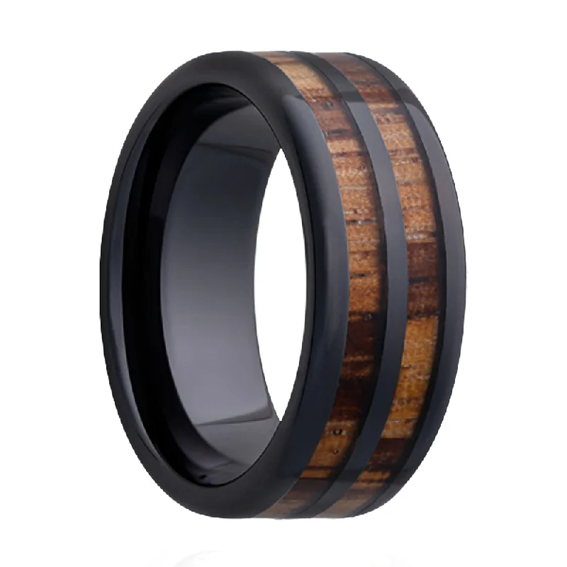 Affordable diamond rings for women-Dual Zebra Wood Inlay Black Ceramic Men's Wedding Band