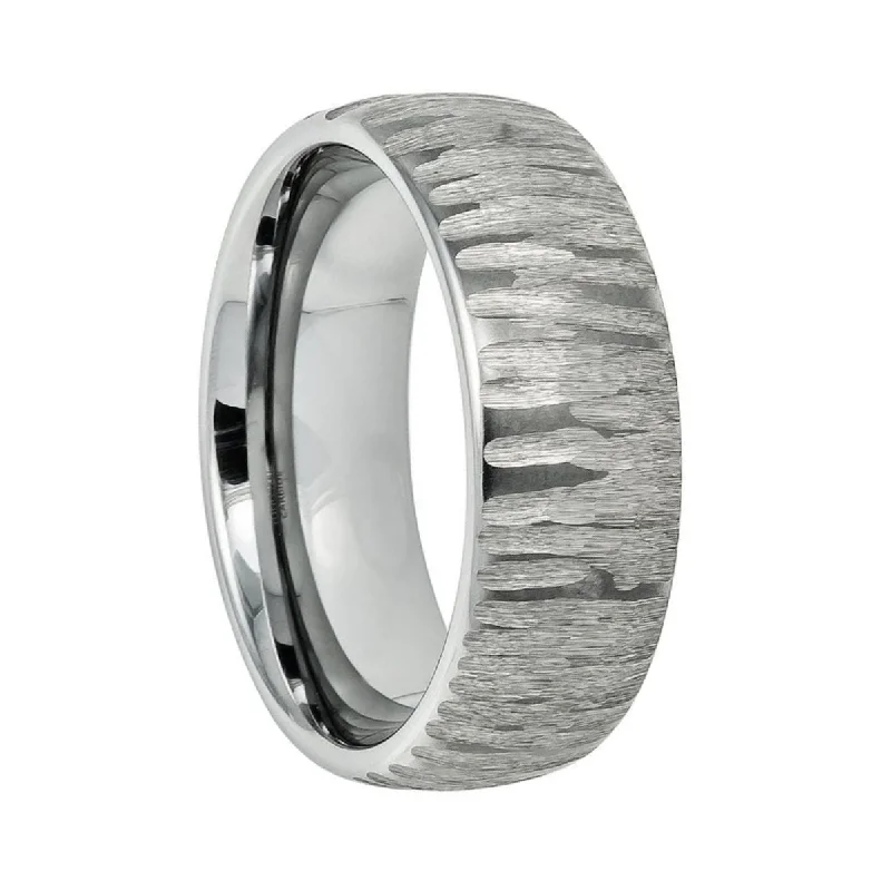 Unique rings with emerald stones for women-Tree Bark Tungsten Men's Wedding Band