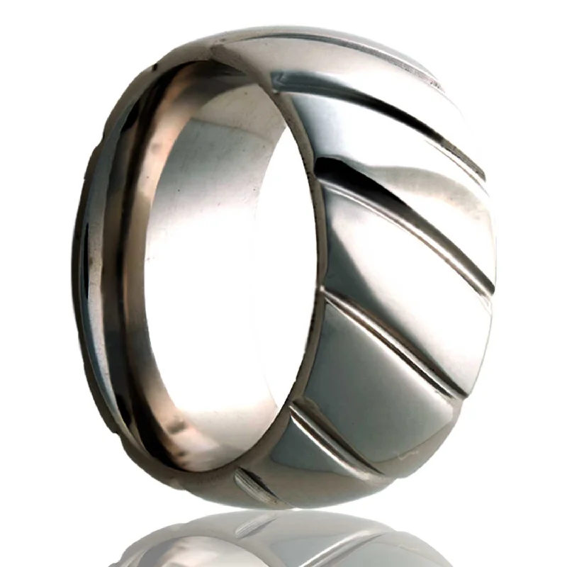 Elegant platinum rings for women-Diagonal Grooves Domed Titanium Wedding Band