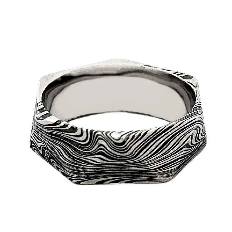 Sparkling rings for women with diamonds-Geometric Faceted Damascus Steel Men's Wedding Band