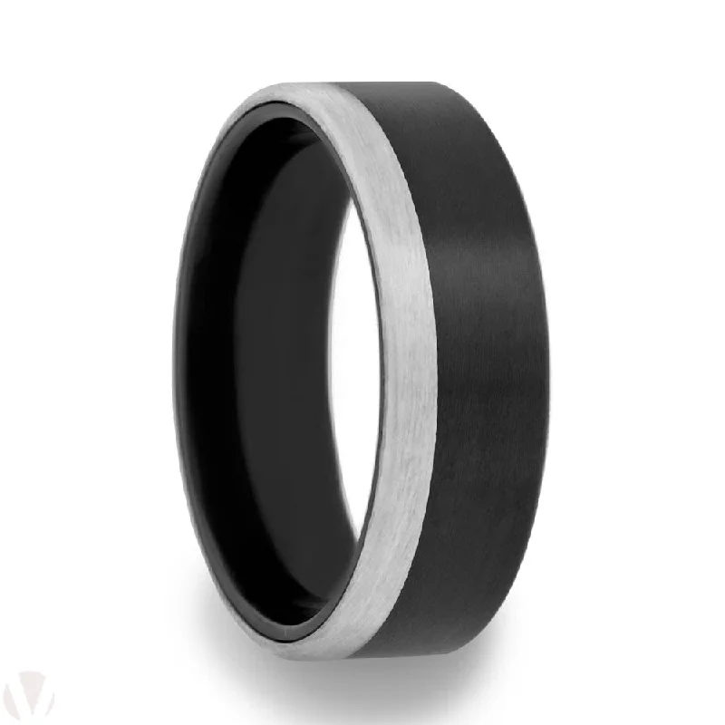 Elegant infinity rings for women-Zirconium Wedding Band with Asymmetrical 14k White Gold Inlay