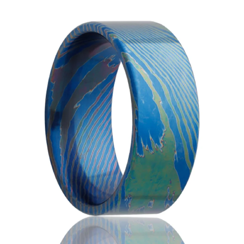 Large rings for women with bold designs-Blue Mokume Gane Titanium Men's Wedding Band