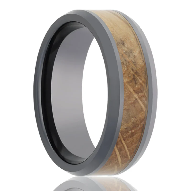 Trendy silver rings for women-Whiskey Barrel Wood Inlay Ceramic Wedding Band with Beveled Edges