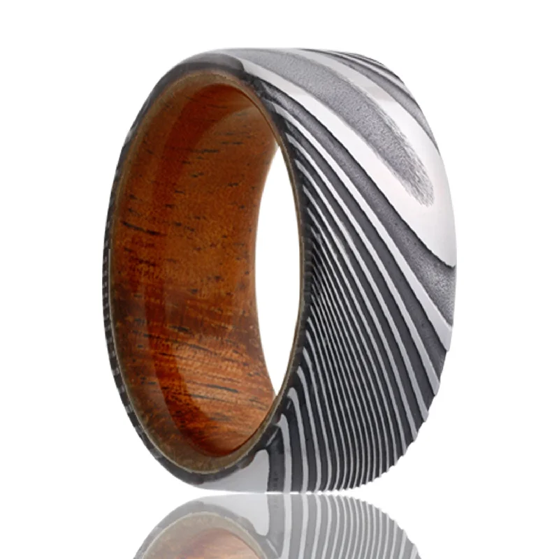 Women’s rings with oval gemstones-Damascus Wedding Band with Koa Wood Center