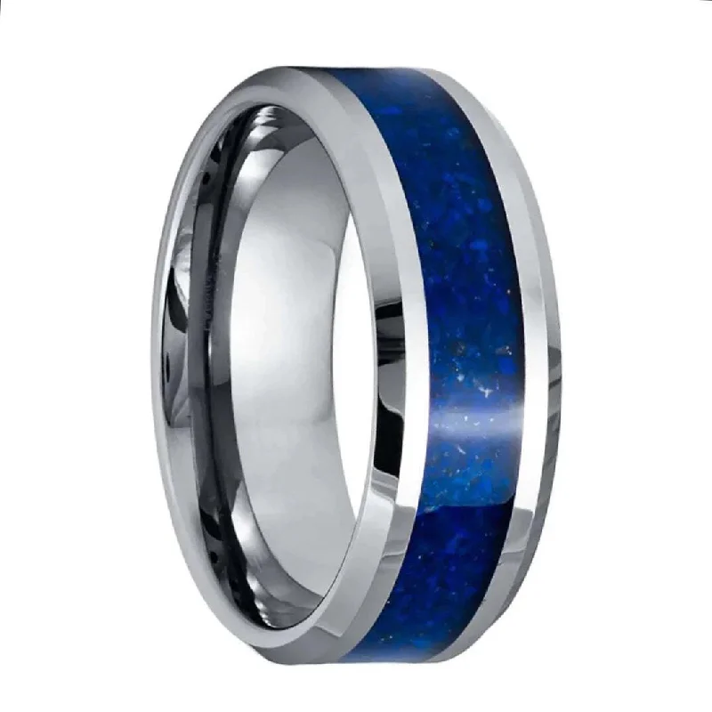 Adjustable gemstone rings for women-Lasurite Inlaid Tungsten Men's Wedding Band