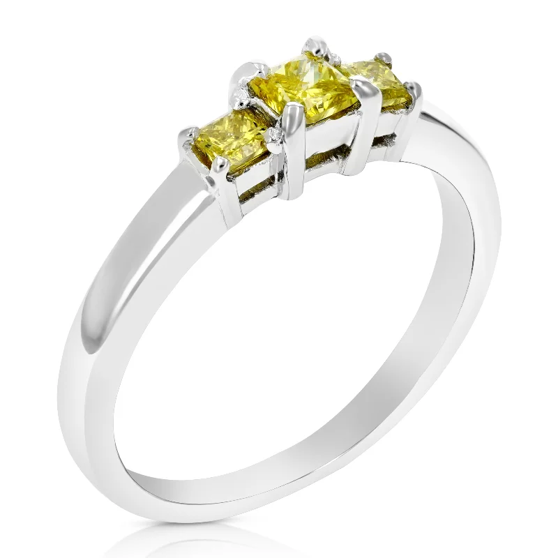 Women’s engagement rings with sapphires-1/2 cttw 3 Stone Princess Yellow Diamond Engagement Ring .925 Sterling Silver