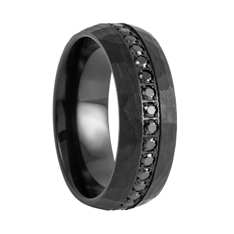 Luxury rings for women with diamond accents-Hammered Black Tungsten Men's Wedding Band with Black Cubic Zirconia