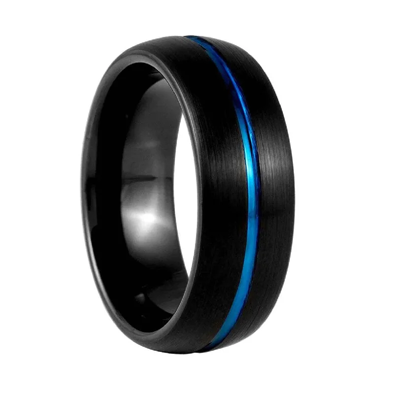 Elegant cocktail rings for women-Blue Grooved Domed Black Tungsten Men's Wedding Band