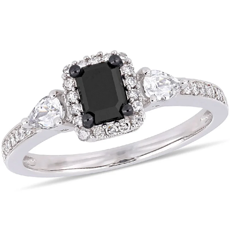 Engagement rings with sapphire and diamond-Miadora Signature Collection 10k White Gold 7/8ct TDW Black and White Diamond White Sapphire 3-Stone Halo Engagement Ring