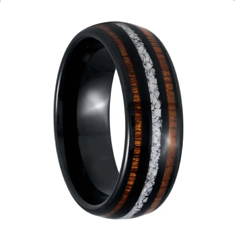 Elegant eternity rings for women-Black Tungsten Men's Wedding Band with Koa Wood & White Turquoise Inlay