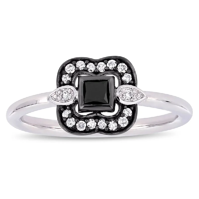 Classic engagement rings with diamonds-Miadora 2-Tone 10k White Gold with Black Rhodium 1/4ct TDW Black and White Diamond Curved Square Halo Engagement Ring