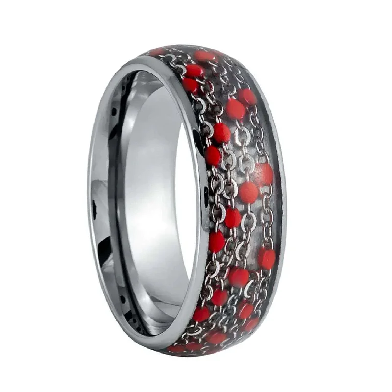 Custom-designed rings for ladies-Red Chain Link Inlay Tungsten Men's Wedding Band