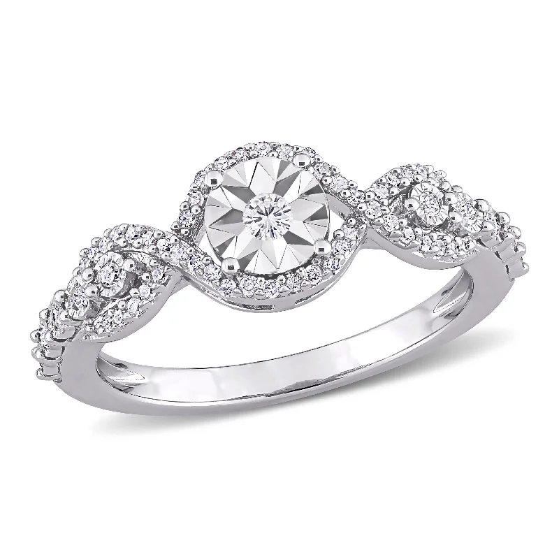 Engagement rings with three-stone settings-Miadora Sterling Silver 1/4ct TDW Diamond Crossover Halo Engagement Ring