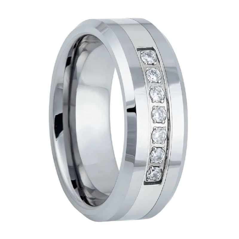 Women’s engagement rings with diamonds-Tungsten Men's Wedding Band with Seven Cubic Zirconia