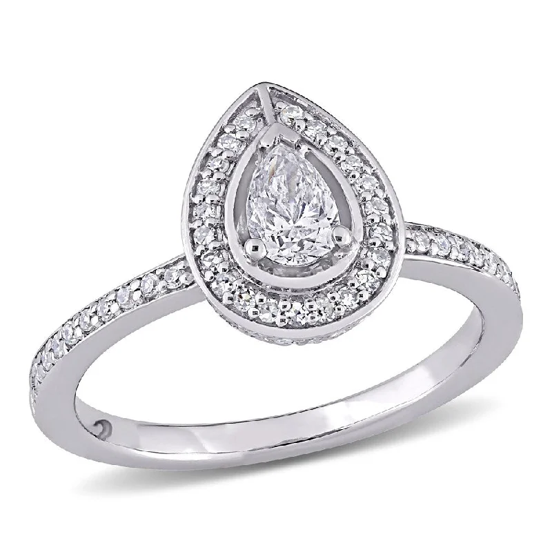 Engagement rings with ruby accents-Miadora 14k White Gold 5/8ct TDW Pear and Round-Cut Diamond Halo Engagement Ring