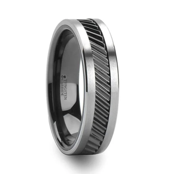 Large rings for women with bold designs-Gear Teeth Pattern Black Ceramic & Tungsten Wedding Band