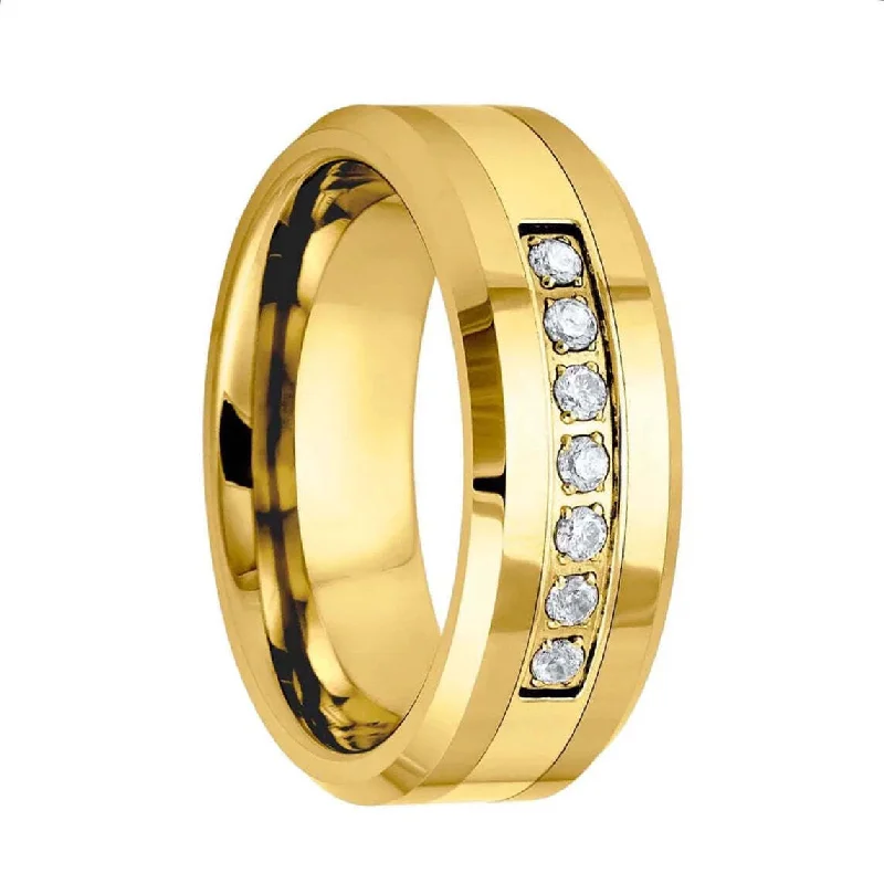 Affordable engagement rings for women-Gold Tungsten Men's Wedding Band with Seven Cubic Zirconia