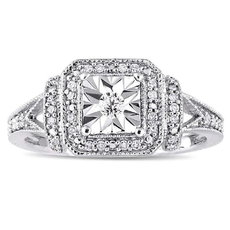 Engagement rings with matching wedding bands-Miadora Sterling Silver 1/5ct TDW Diamond Square Halo Engagement Ring - White