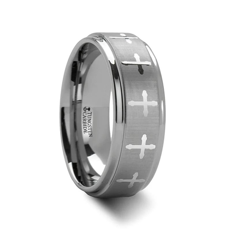 Minimalist engagement rings for women-Tungsten Men's Wedding Band with Engraved Crosses