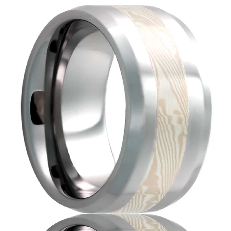 Women’s rings with intricate designs-14k White Gold & Sterling Silver Mokume Gane Inlay Tungsten Wedding Band with Beveled Edges