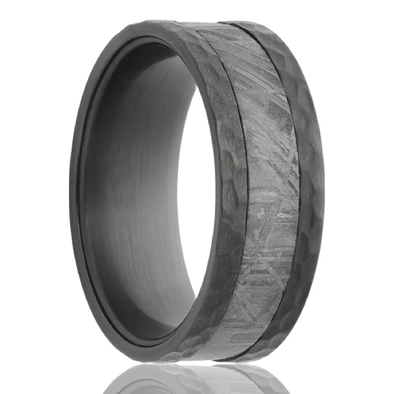 Elegant silver rings for women with diamonds-Meteorite Inlay Hammered Zirconium Wedding Band