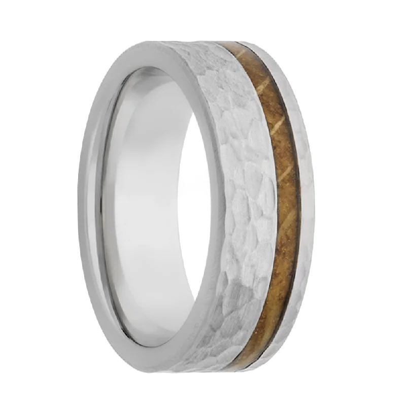 Classic wedding bands for women-Asymmetrical Whiskey Barrel Wood Inlay Hammered Cobalt Wedding Band