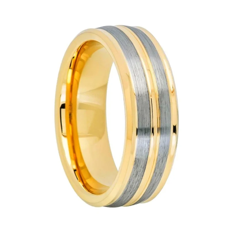 Delicate diamond rings for women-Brushed Tungsten Men's Wedding Band with Gold Groove & Interior