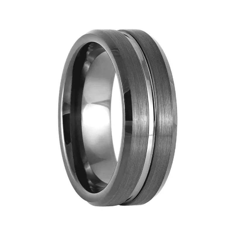 Women’s statement rings with bold colors-Grooved Gunmetal Gray Tungsten Men's Wedding Band