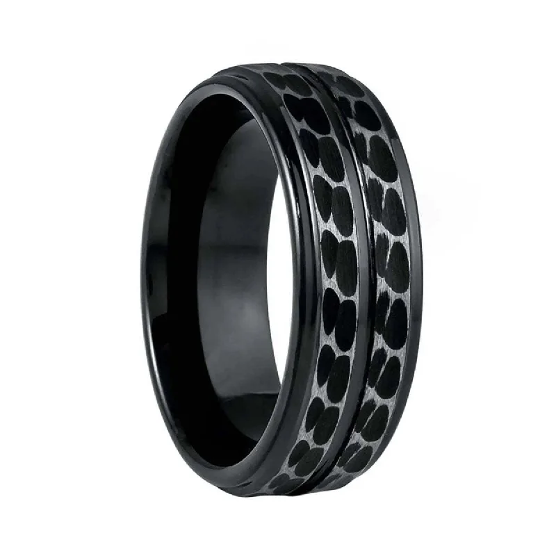 Personalized silver rings for women-Grooved Hammered Pattern Black Tungsten Men's Wedding Band