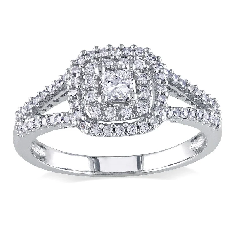 Unique engagement rings with geometric shapes-Miadora 14k White Gold 1/2ct TDW Princess-cut and Round Diamond Split Shank Halo Engagement Ring