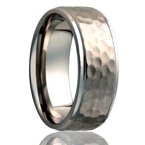 Trendy gemstone rings for women-Hammered Titanium Wedding Band with Stepped Edges