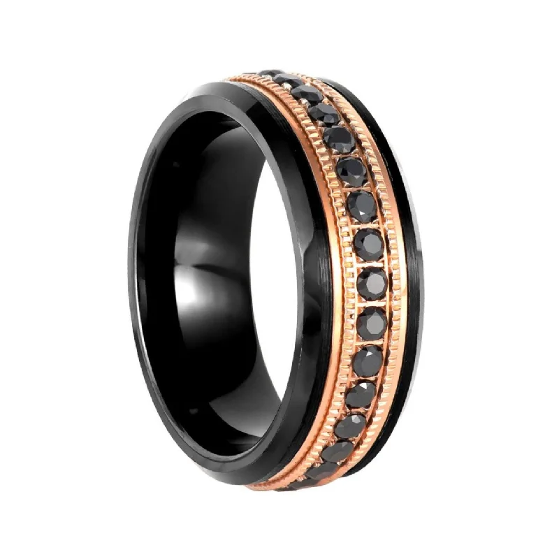 Women’s rings with gold plating-Black Tungsten Men's Wedding Band with Black Cubic Zirconia & Rose Gold Inlay