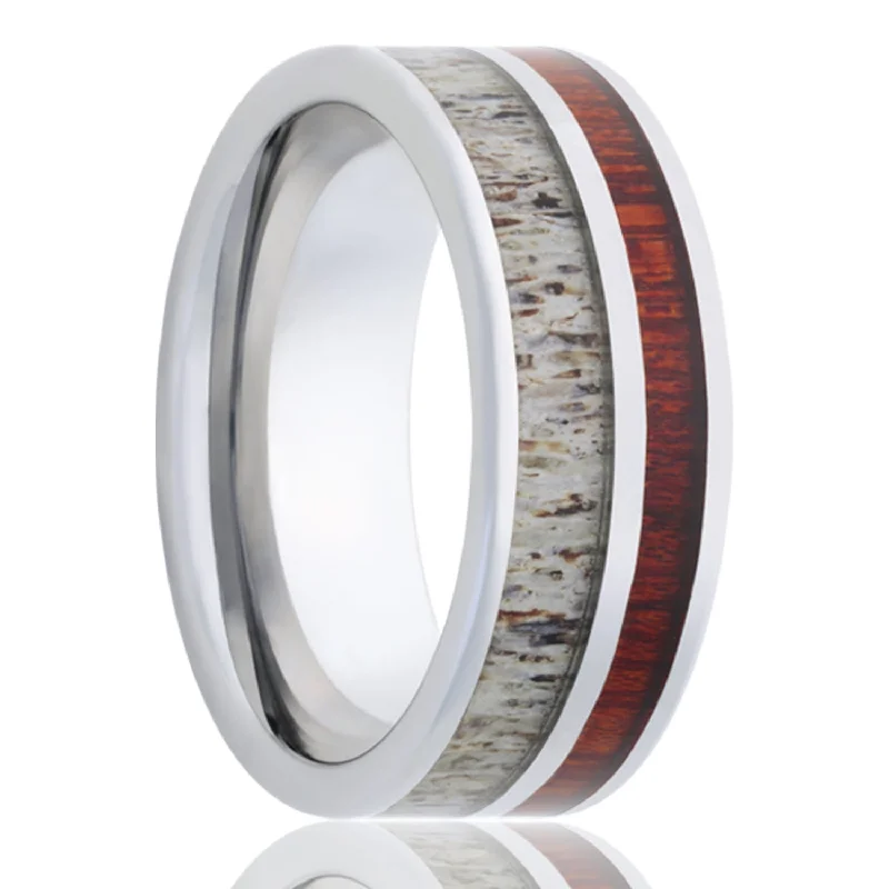 Women’s rings with matching necklaces-Asymmetrical Antler & Blood Wood Inlay Cobalt Wedding Band