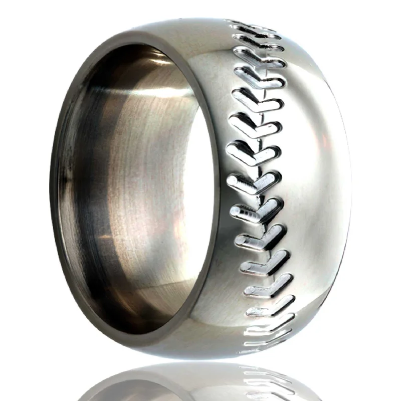 Women’s stacking rings in silver-Baseball Pattern Domed Titanium Wedding Band