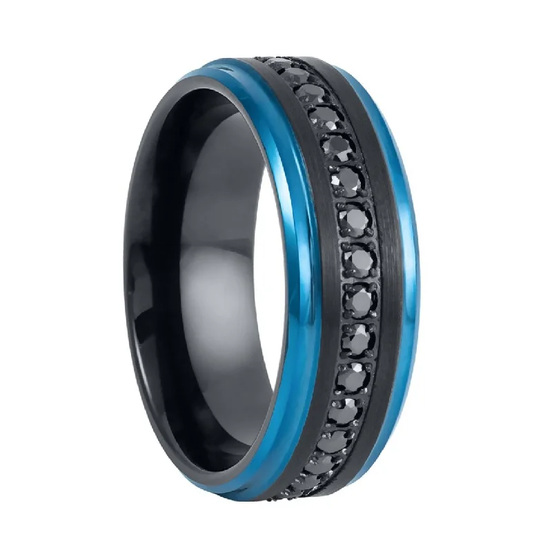 Chic stacking rings for women-Black Tungsten Men's Wedding Band with Black Cubic Zirconia & Blue Edges