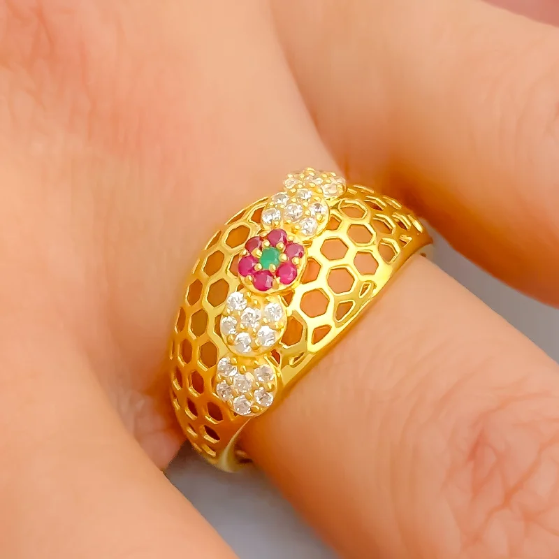 Simple gold rings for women-Magnificent Netted Floral 22k Gold CZ Ring