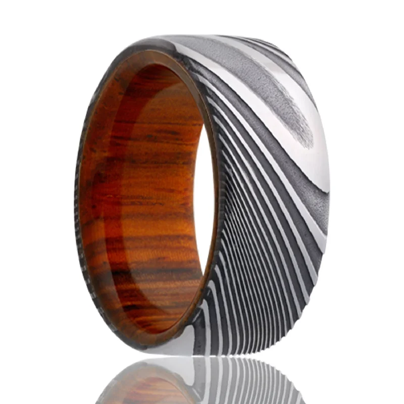 Stunning ruby rings for women-Damascus Wedding Band with Cocobolo Wood Center