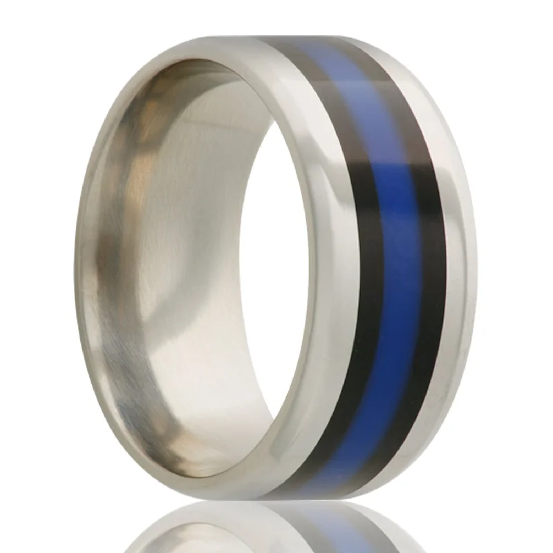 Bohemian rings for women-Blue Stripe Inlay Titanium Wedding Band with Beveled Edges